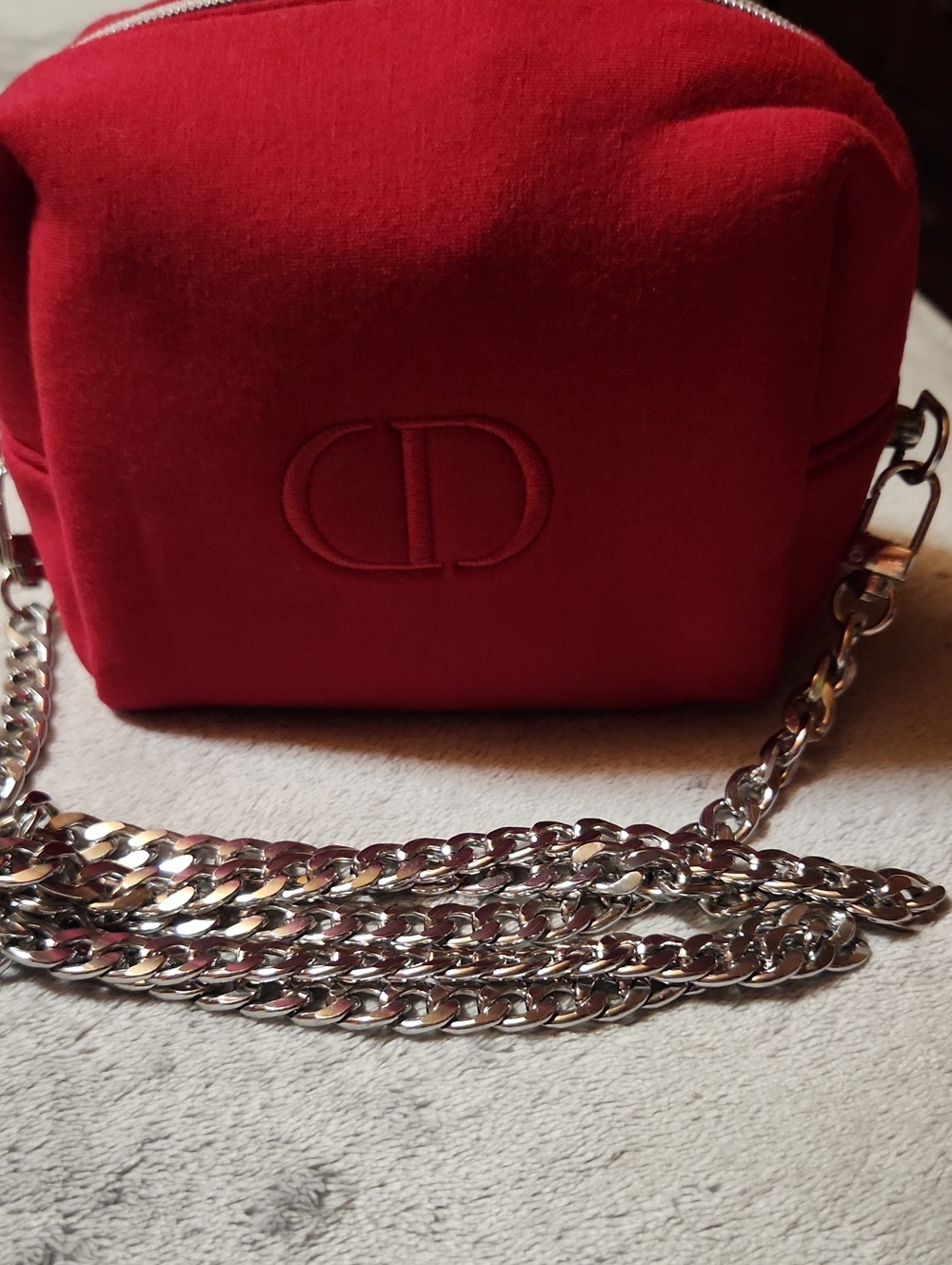Dior Red Velvet Mini Crossbody Beauty with Silver Chain